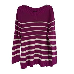 Talbots Size 2X Striped Boat Neck Sweater Pullover Berry White Mid-weight cotton
